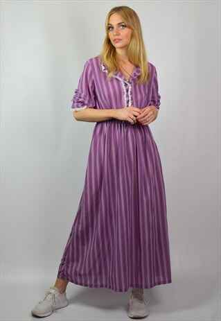 VINTAGE 90S LILAC PURPLE STRIPE BOHO FESTIVAL MAXI DRESS
