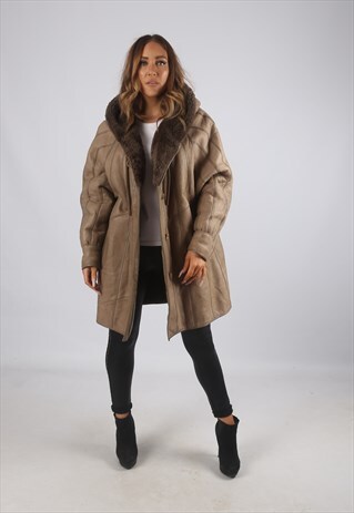 VINTAGE SHEEPSKIN LEATHER SHEARLING COAT SHORT HOODED (K92B)