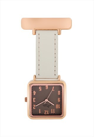 Annie Apple Grey Rose Gold Leather Square Nurse Fob Watch