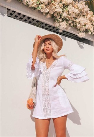 SHORT BOHEMIAN SUMMER DRESS WHITE WITH BELL SLEEVES