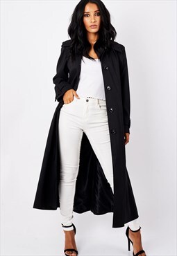 Black Button Down Longline Mac Lightweight Long Coat
