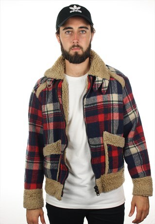VINTAGE 70S SHERPA LINED TARTAN TRUCKER JACKET