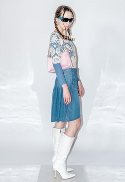 Vintage Y2K pink stitching pleated denim skirt in blue