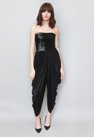 VINTAGE 1970'S STUNNING BLACK SEQUIN HAREM LEG JUMPSUIT