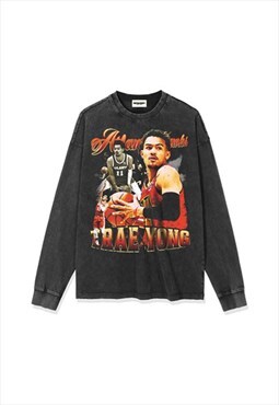 Black trae young Washed Long Sleeve fans T shirt tee NBA