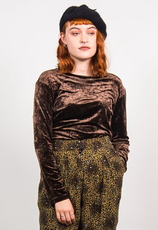 VINTAGE 90'S BROWN VELVET LONG SLEEVE TOP