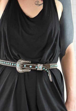 INCREDIBLE VINTAGE LEATHER WESTERN BELT W/SILVER & TURQOISE
