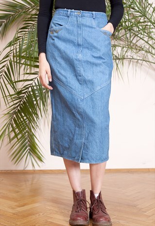 VINTAGE 90S BLUE DENIM PENCIL MIDI SKIRT WITH STUDS