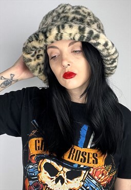 Vintage faux fur leopard print fluffy bucket hat