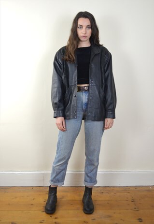 80S VINTAGE BLACK LEATHER PANEL DETAIL BIKER JACKET