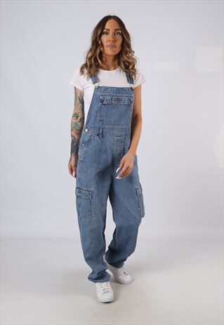 VINTAGE DENIM DUNGAREES WIDE TAPERED LEG UK 10 SMALL (JA5H)