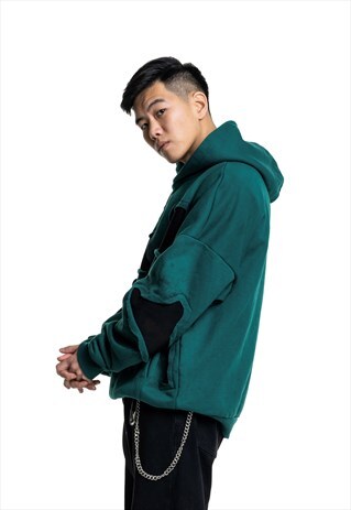 Unisex custom ripped dark green kangaroo hoodie 