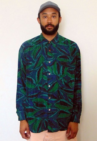90S CLASSIC LUXURY ABSTRACT LEAF PATTERN SILK SHIRT LARGE