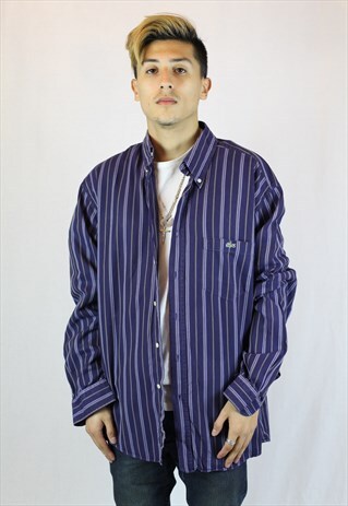 MENS VINTAGE LACOSTE SHIRT LARGE BLUE STRIPED LONG SLEEVE