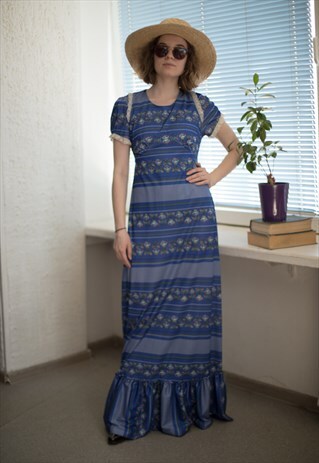 VINTAGE 70'S MAXI BLUE PATTERNED SHORT SLEEVED DRESS