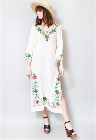 VINTAGE 1970'S CREAM FLORAL EMBROIDERED FOLK MIDI DRESS. AMA