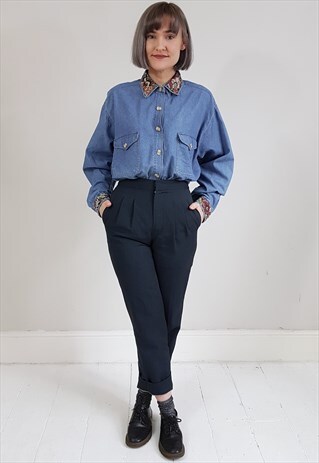 VINTAGE 90'S DENIM SHIRT W/ TAPESTRY COLLAR AND CUFFS