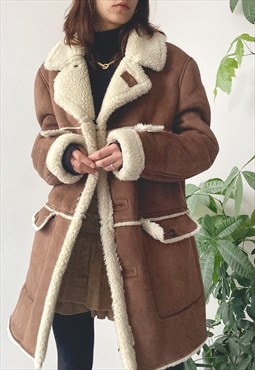 Vintage Y2K 00's Unisex Classic Brown Faux Sheepskin Coat