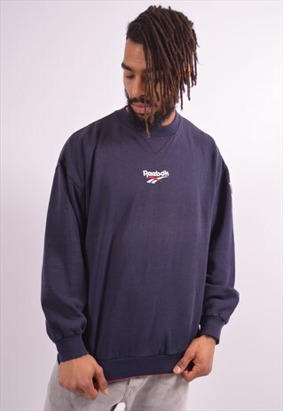 REEBOK MENS VINTAGE SWEATSHIRT JUMPER LARGE NAVY BLUE 90S