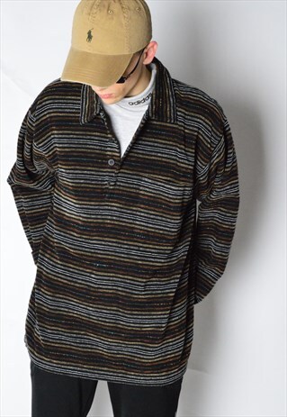 VINTAGE 80S BLACK STRIPED GRUNGE WOOL BLEND SHIRT
