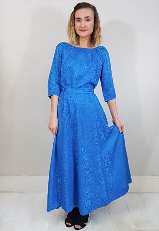 VINTAGE 60'S LIGHT BLUE JACQUARD TIE FULL LENGTH DRESS
