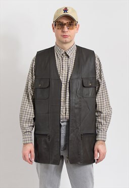 Vintage leather vest utility sleeveless hunting
