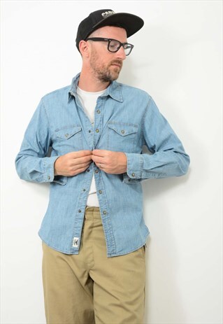 Vintage 90s Denim Shirt Western Blue Size M