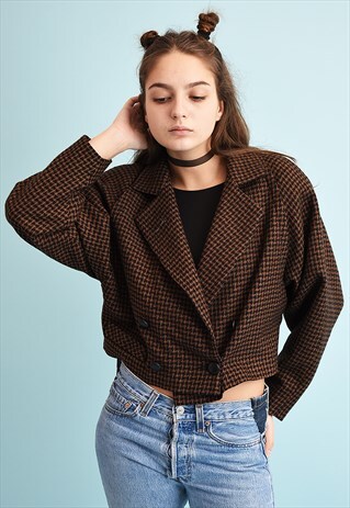 80'S RETRO DOGTOOTH PATTERN WOOL CROP JACKET