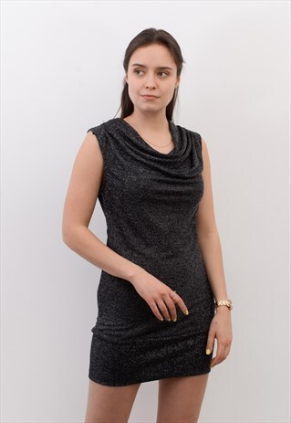 VINTAGE WOMEN'S 90'S M SHIMMER SILVER BLACK DISCO MINI DRESS