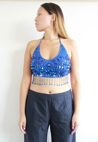 BLUE CROP BRA LET SEQUENCES FRINGE EMBROIDERY