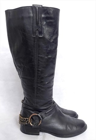 Black Long Leather Boots with Chain, Size 36, Knee Length