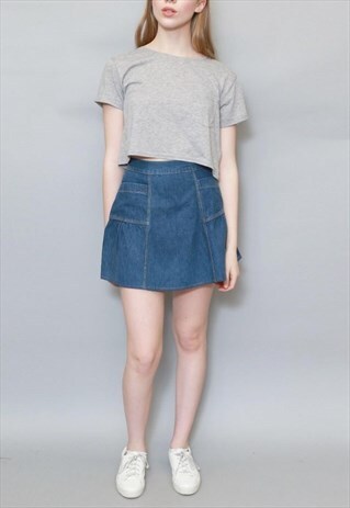 VINTAGE 1990'S BLUE DENIM MINI SKATER SKIRT