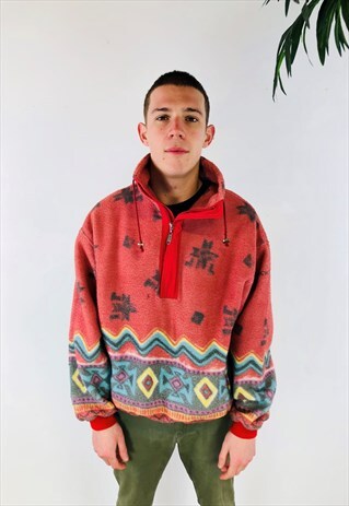 RED ABSTRACT PATTERN QUARTER ZIP FLEECE