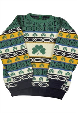Vintage Irish Knitted Jumper Clover Pattern Green Small