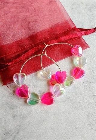 PINK IRIDESCENT CANDY HEART HOOP EARRINGS