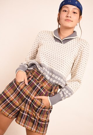 VINTAGE 70'S RETRO NEUTRAL PETITE KNIT FAIR ISLE JUMPER