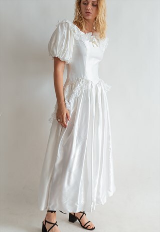 VINTAGE 80S SATIN WEDDING DRESS WITH PUFFER SLEEVE