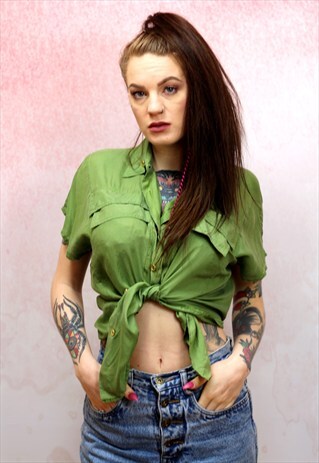 1990S VINTAGE GREEN PURE SILK SHORT SLEEVE SHIRT