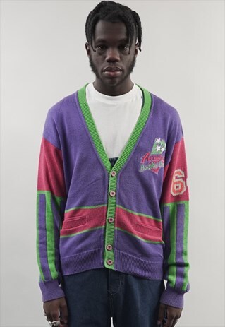 RARE VINTAGE 80'S KAPPA PURPLE INTARSIA KNIT CARDIGAN