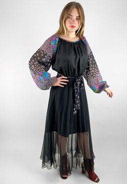 70's Vintage Sheer Black Floral Bell Sleeve Maxi Dress