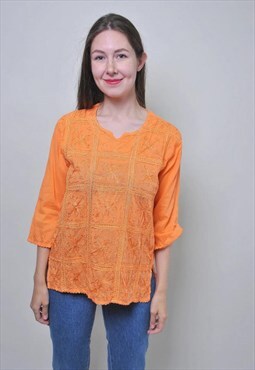 Vintage orange boho blouse, Y2K cotton pullover shirt