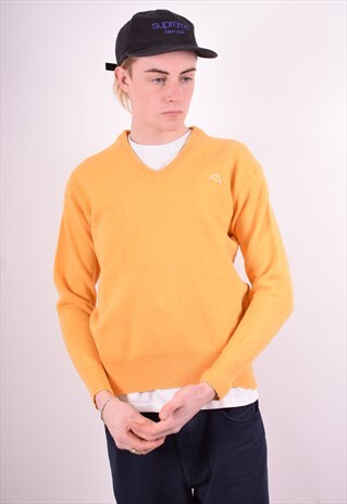 KAPPA MENS VINTAGE V-NECK JUMPER SWEATER MEDIUM YELLOW 90'S