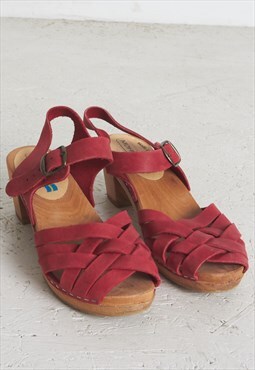 Vintage Red Leather Wood Heel Sandals Clogs