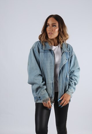 VINTAGE DENIM BOMBER JACKET OVERSIZED FITTED UK L 14 (J2J)
