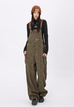 Leopard dungarees animal print overalls jean playsuit brown