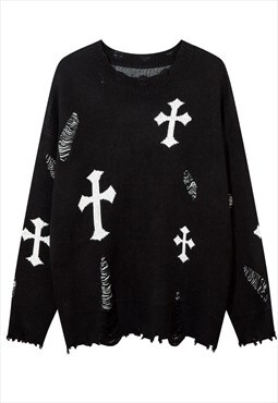 Cross sweater knitted grunge jumper distressed top in black