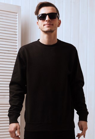 PLAIN UNPRINTED SWEATSHIRT JUMPER BLACK IN SOFT COTTON