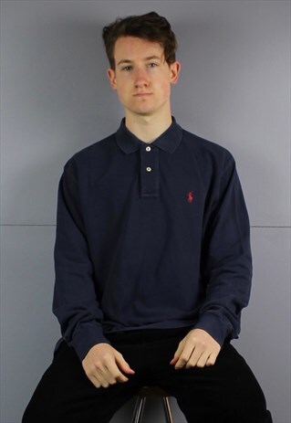 VINTAGE POLO RALPH LAUREN LONG SLEEVE POLO SHIRT IN NAVY BLU