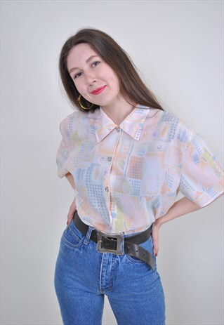 80S ABSTRACT PINK BLOUSE, VINTAGE HOLIDAY SHIRT
