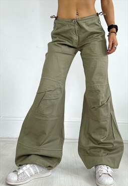 Vintage 90s Parachute Cargo Pants Trousers Toggle Y2k Khaki